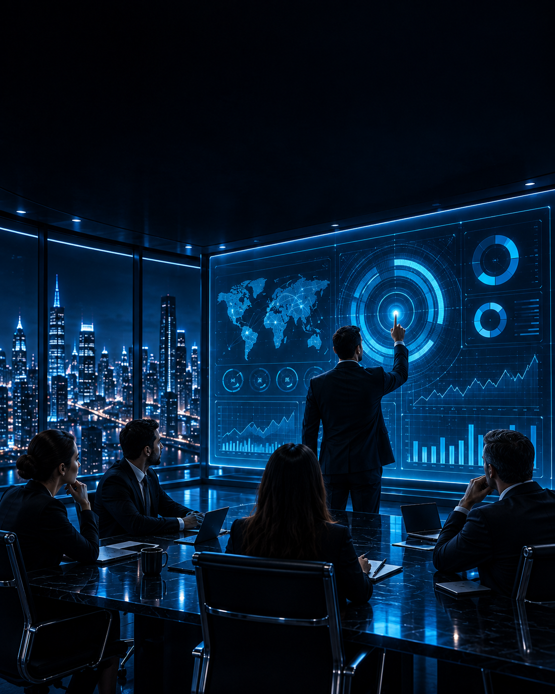 Representación conceptual de un equipo trabajando con información y tecnología